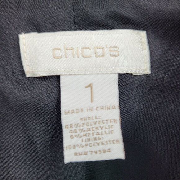 Chico's Boucle Tweed Blazer Size 1 M Black Gold Metallic Striped Chain Trim - Picture 11 of 12